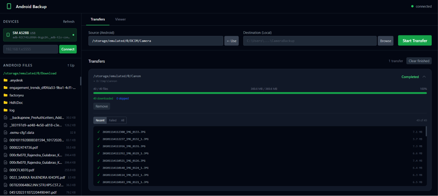 Android Backup interface screenshot